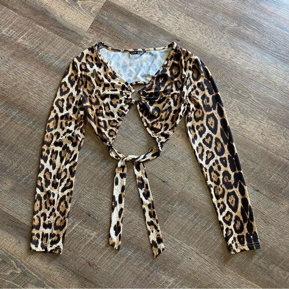 SHEIN Leopard Top Wrap Tie Backless Crop Stretchy Small Party - Picture 2 of 7